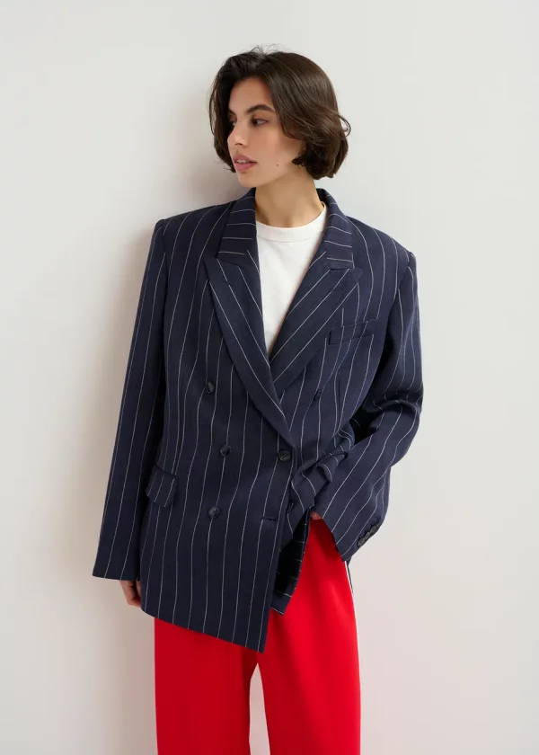 Blazer croisé Essentiel à fines rayures bleu foncé et blanc