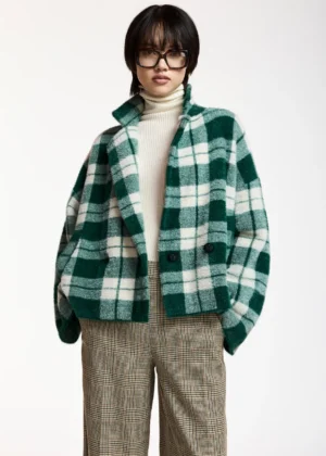 Cardigan croisé à carreaux vert et blanc cassé