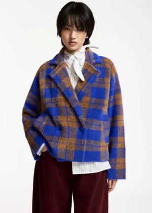 Cardigan croisé à carreaux bleu et marron