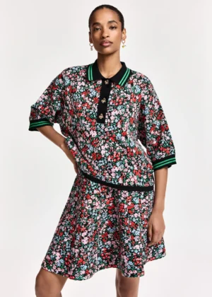 Polo à imprimé fleuri et boutons en nœud noir, vert et multicolore