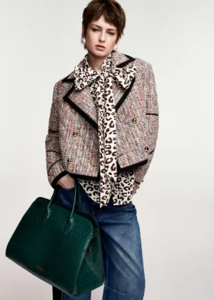 Veste courte multicolore en mélange de laine à finitions contrastantes noires