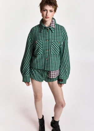 Veste à carreaux verte, noire et crème en mélange de laine avec poches plaquées