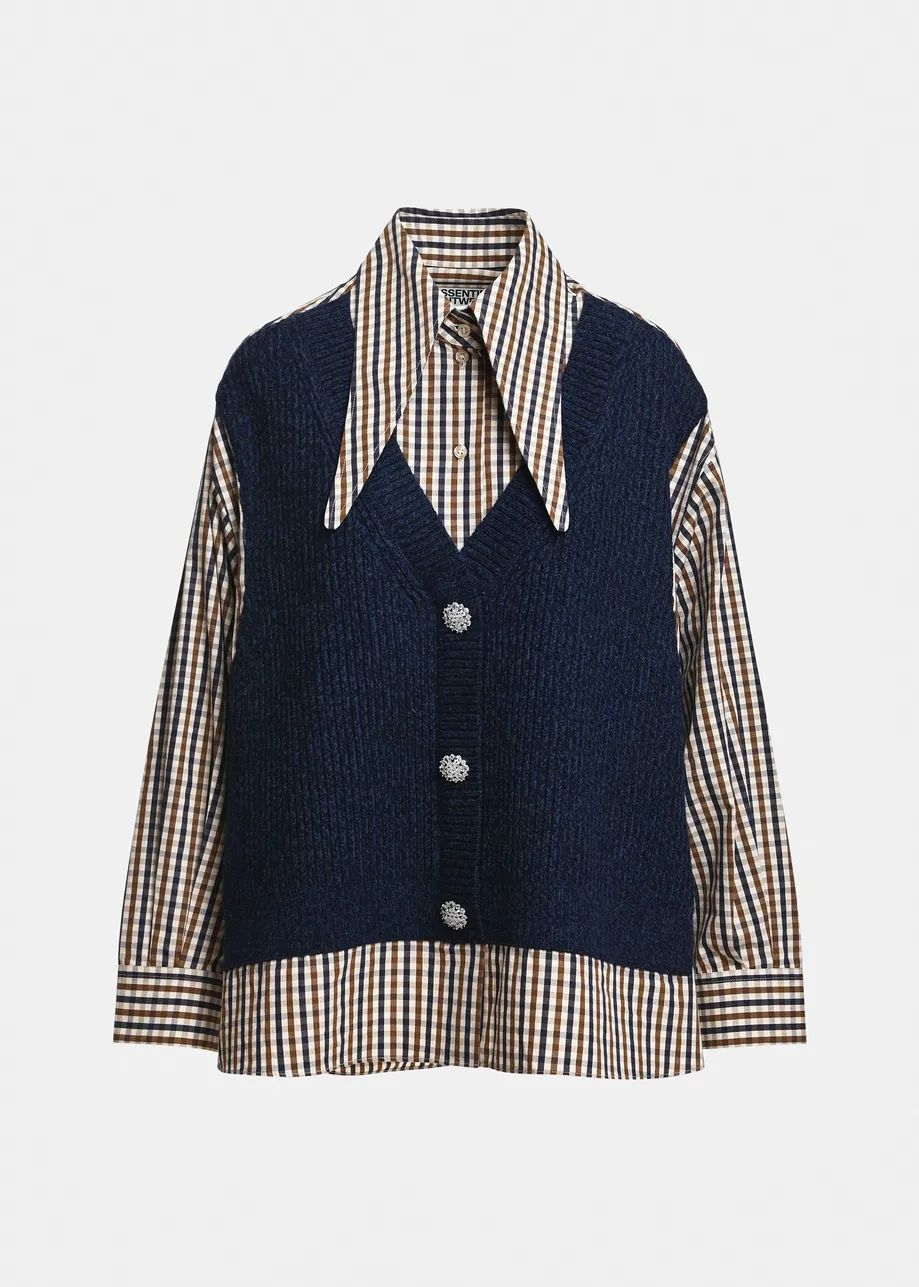 Chemise avec gilet superposé bleu marine, marron et blanc cassé – Image 3