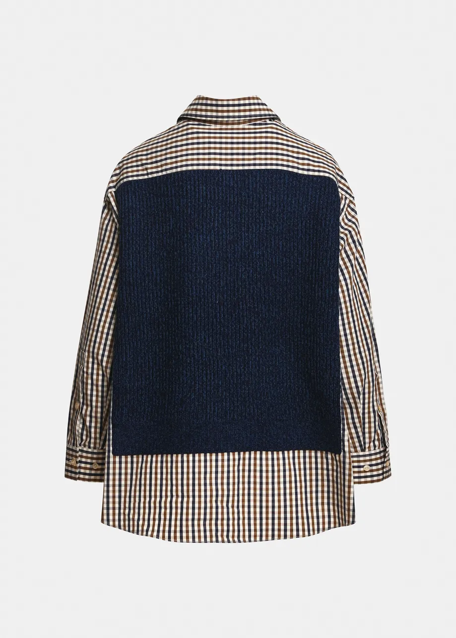 Chemise avec gilet superposé bleu marine, marron et blanc cassé – Image 4